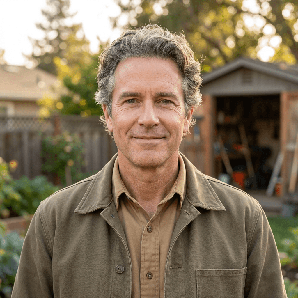 Marcus Reed holding a clipboard and smiling outside a residential property