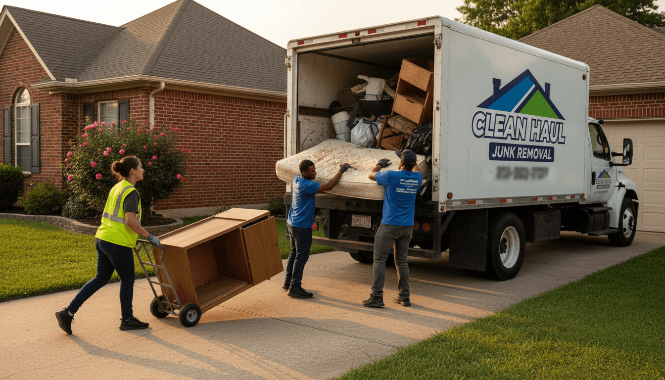 Two workers loading an old couch into the back of a junk removal truck parked in a residential driveway