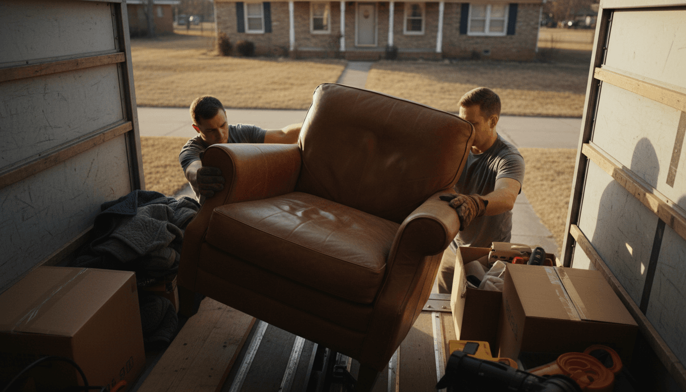 Two workers loading a heavy sofa into a junk removal truck in front of a Houston home