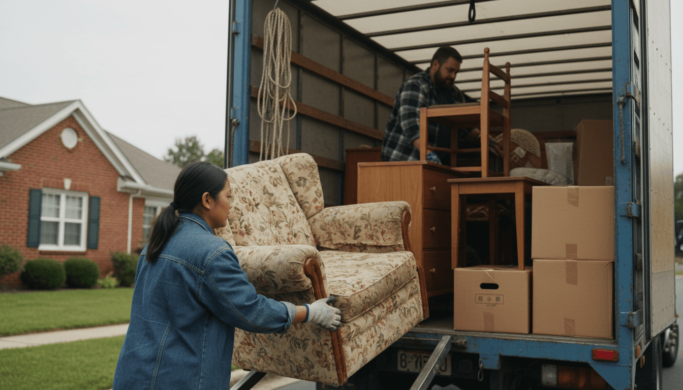 Junk removal worker loading boxes into a truck in a Houston driveway