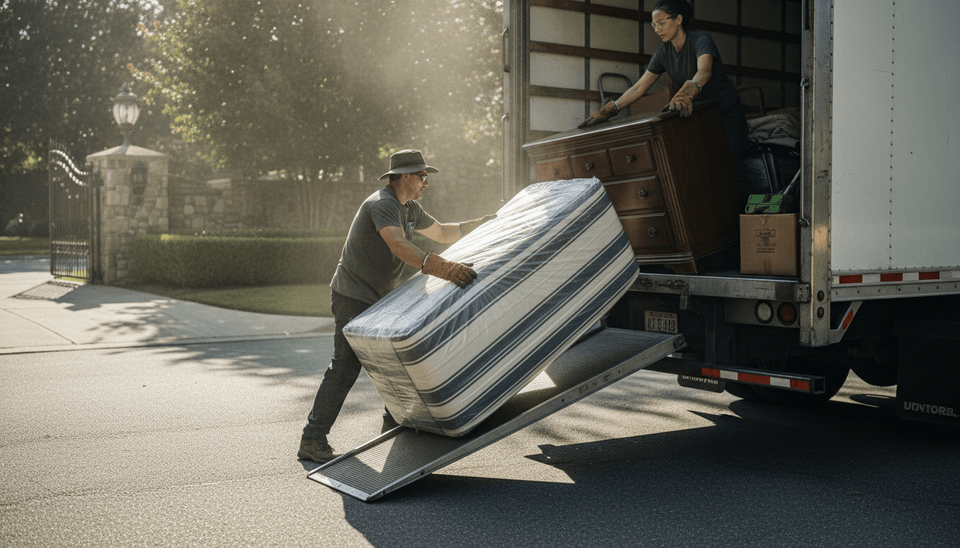 Workers loading an old couch into a junk removal truck